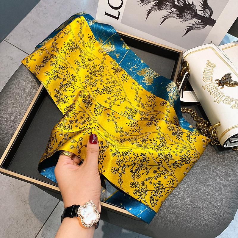 [Wholesale] Retro checkerboard silk silk scarf, small long mulberry silk scarf, women's versatile spring, autumn and winter thin scarf