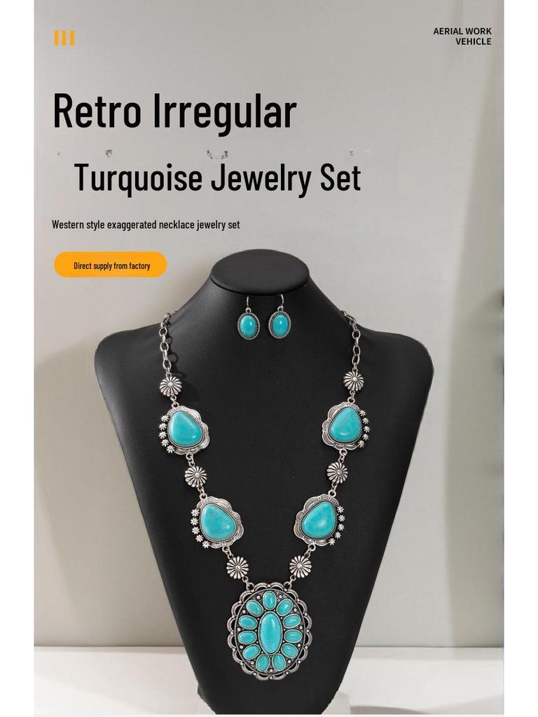 European & American Retro Turquoise Necklace and Earring Set