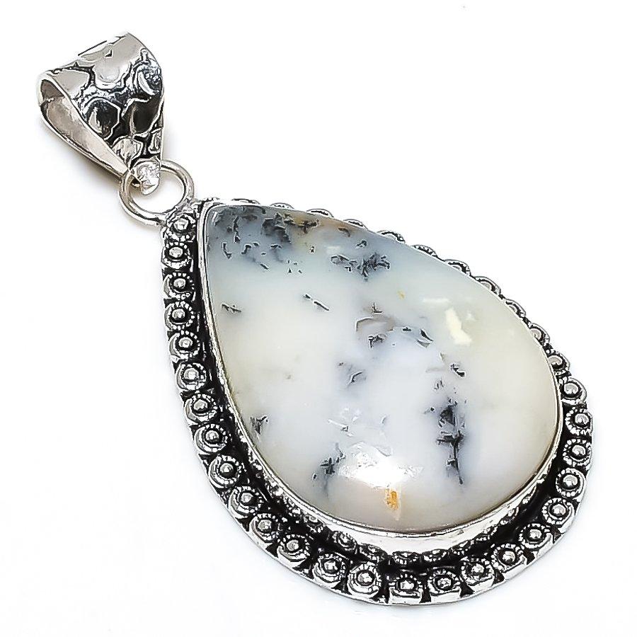 Dendrite Opal Gemstone Handmade 925 Sterling Silver Jewelry Pendant 2.17" SU-10736