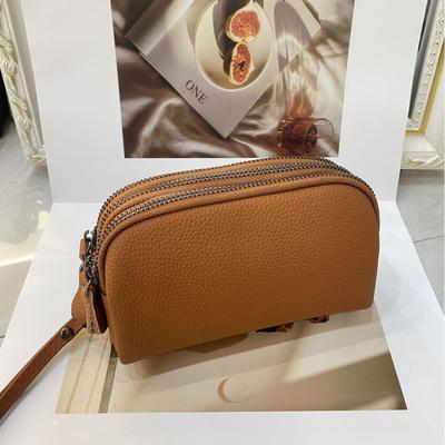 Cowhide Niche Design Women's Bag New Three Zipper Mobile Phone Change Genuine Leather Women's Bag Clutch Bag Soft Leather