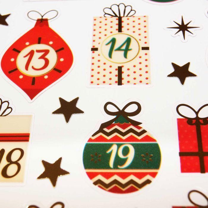Stickers Calendrier de l'Avent - GLOBAL GIFT - Décoration de fête - Rouge - 15 x 17 cm - Autocollants Noël
