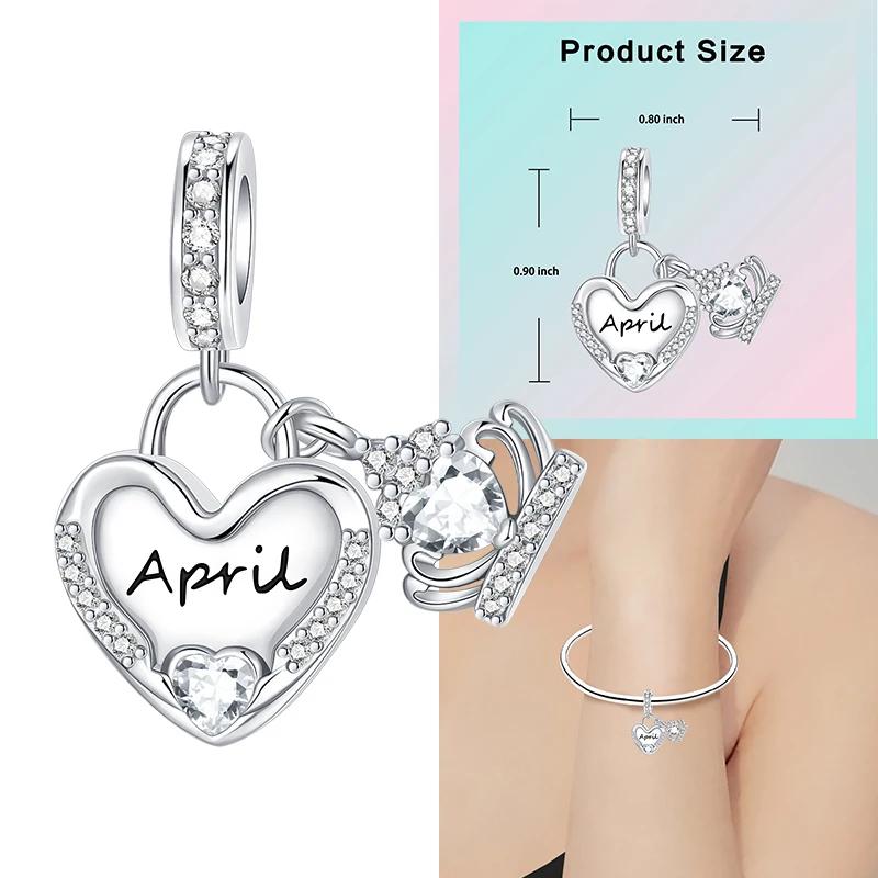 Copper 12 Months Birthstone Heart-Shaped Beads Charms Fit Original Bracelet Charm Beads Necklace Diy Female Jewelry