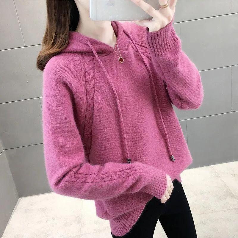 Women Autumn Winter Add Velvet Pullover Knitwear Loose Hooded Sweater Femme Pullovers Knitting Tops