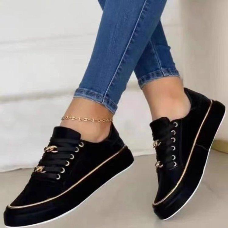 Women Shoes Chain Sports Style Low-top Single Shoes Women's Leather Front Lace-up Casual Single Shoes