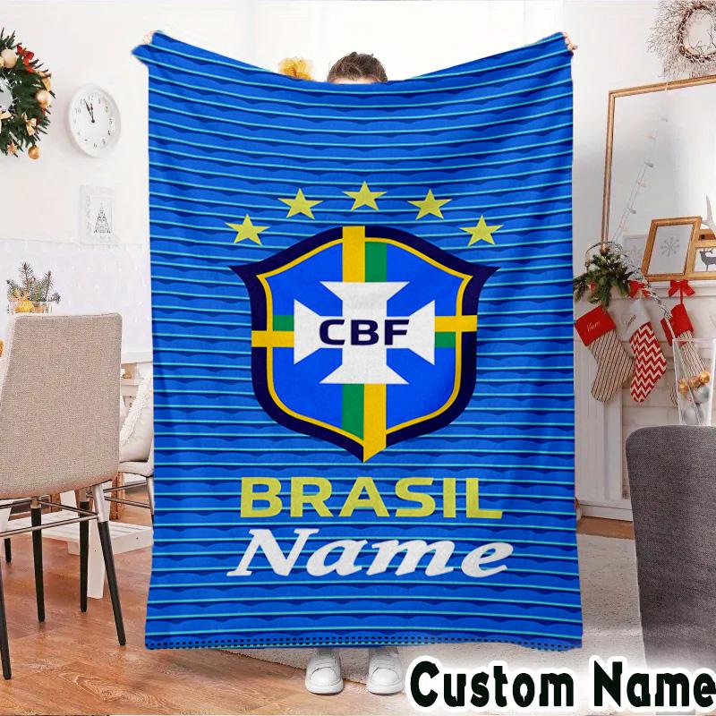 Custom Name Brazilian Football Emblem Throws Blanket Flannel Blankets for Couch Bed Gifts for Men Women Picnic blanket Christmas fan gifts