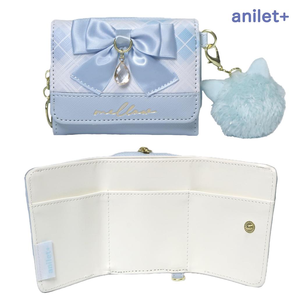 Wallet Mini Wallet LB Girls Elementary School Student Cat Ribbon Check [anilet+] Tri-Fold (Light Blue)