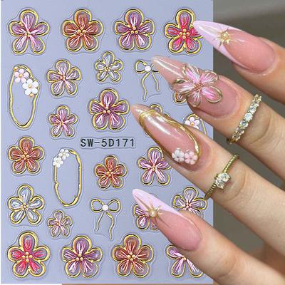 1pc 5D Embossed Floral Nail Stickers - Translucent Flower Bows Self-Adhesive Glossy Nail Art Decals for Spring Wedding Manicure, DIY Nail Decor