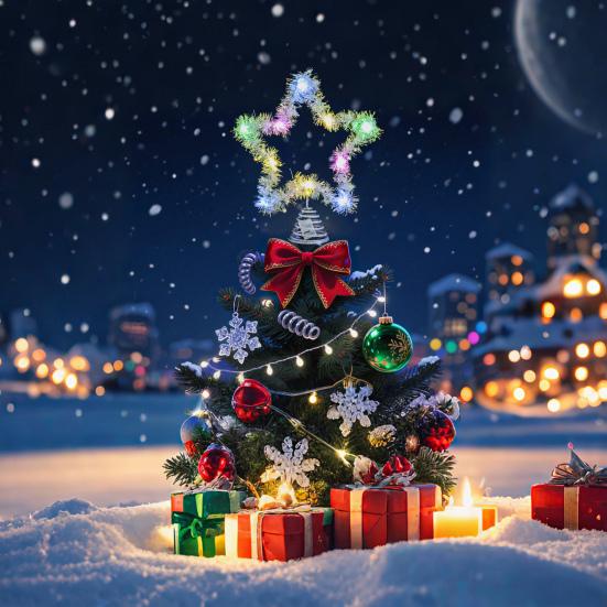 1/2Pcs Christmas 3D Tree Top Star Glittered Decoration with LED Lights Colorful Silk Threads Visual Appeal Holiday Seasonal Decor