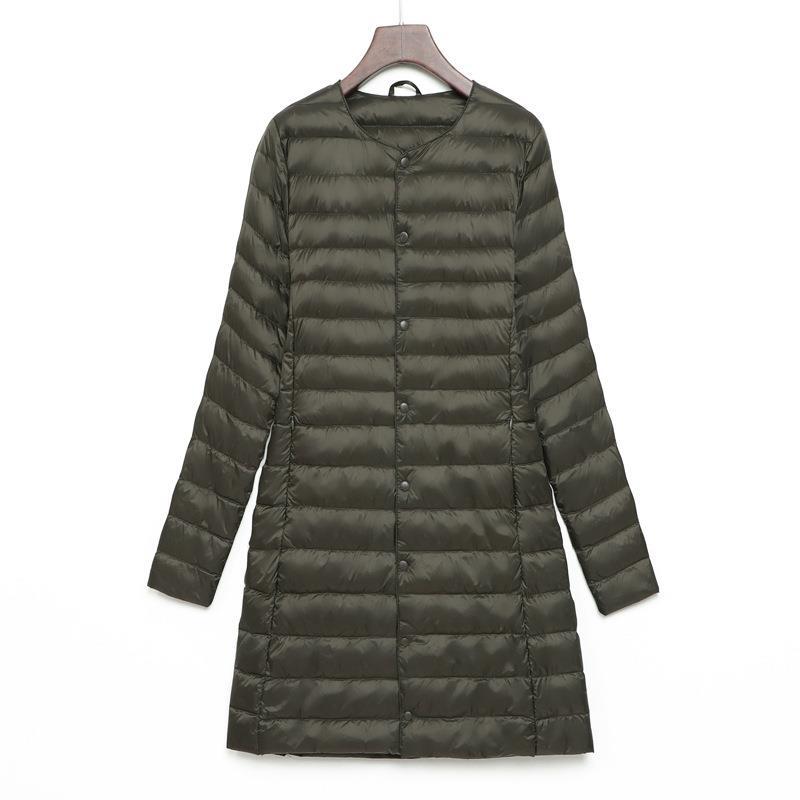 

2025 Новый женский пуховик, легкий, средний и длинный, модная корейская версия тонкой белой утиной пуховой куртки с круглым вырезом и кнопками 4XL армия зеленый