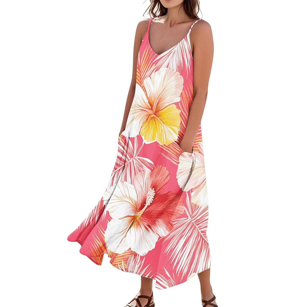 Women's Casual Tie- Floral Print Sleeveless Pocket Dress