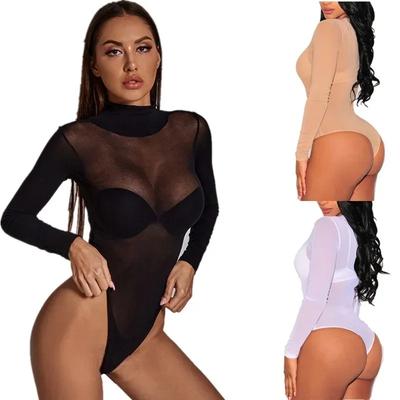 Female Body Suit Sexy Elastic Sheer Mesh See Through Open Crotch One-Pieces Bodysuits Lingerie Tops For Women Plus Size Autumn