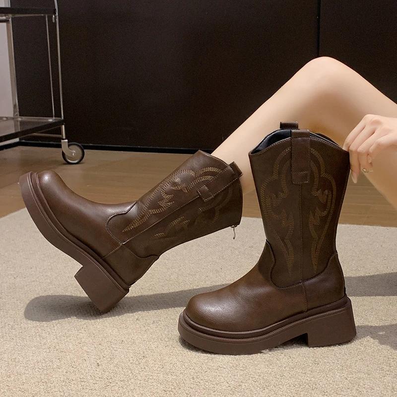 Fashion 2024 Hot Sale Women's Shoes Mid-Calf Women's Boots Classics Modern Boots Women Embroidery Round Toe Med Heel Slip On Shoes Women