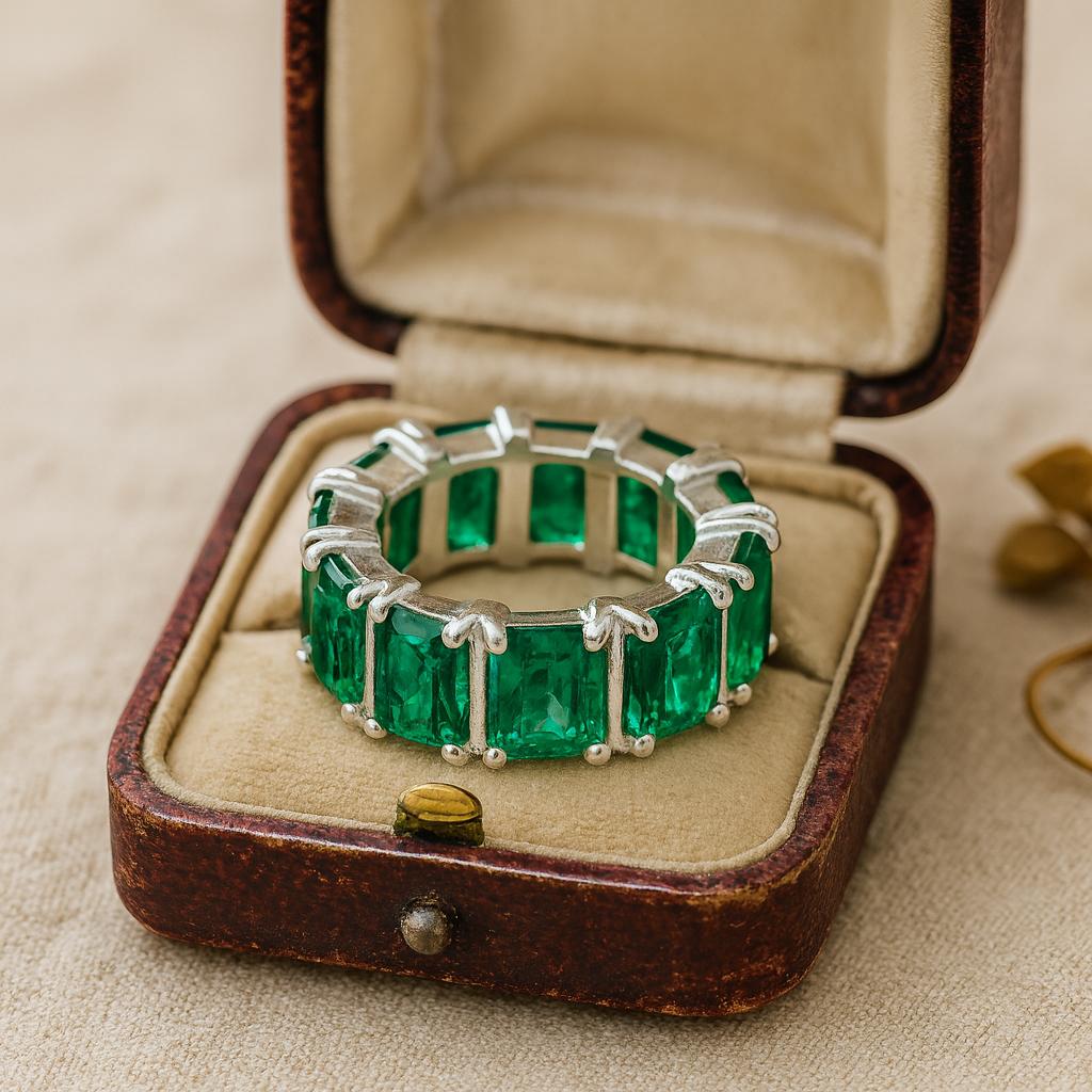 Wedding Engagement Anniversary Promise Gift – Baguette Emerald Eternity Band, May Birthstone Stackable Matching Ring, Elegant Jewelry for Women