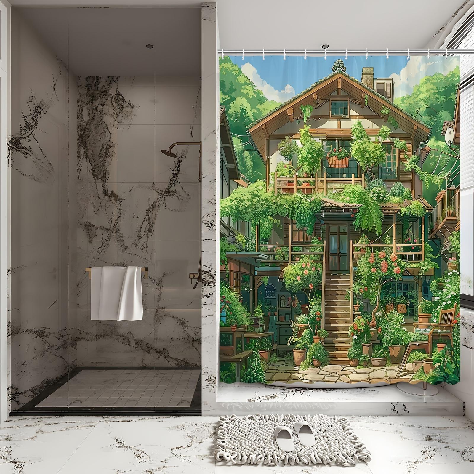 

Enchanted Garden Cottage Bath Curtain - Lush Greenery & Rustic Charm,Waterproof Home Decor Adds Nature S Beauty To Your Bathroom W60H190(CM)-1 Pcs