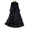 Light luxury celebrity temperament stand-up collar lantern sleeve dress women's summer new lace splicing waist and thin big swing dress