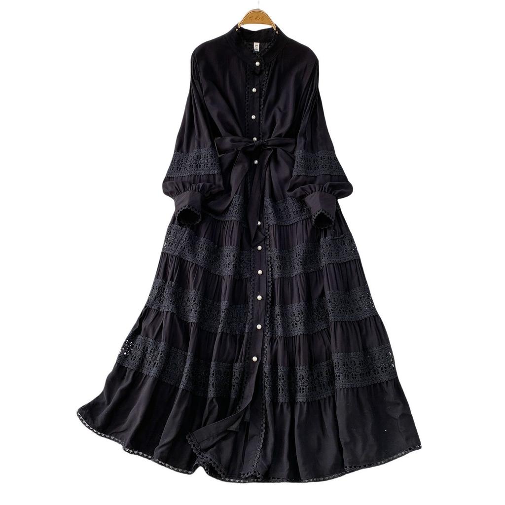 Light luxury celebrity temperament stand-up collar lantern sleeve dress women's summer new lace splicing waist and thin big swing dress