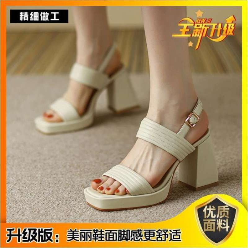 2025 new Korean version summer versatile retro word with waterproof table thick heel Roman sandals women's high heel shoes