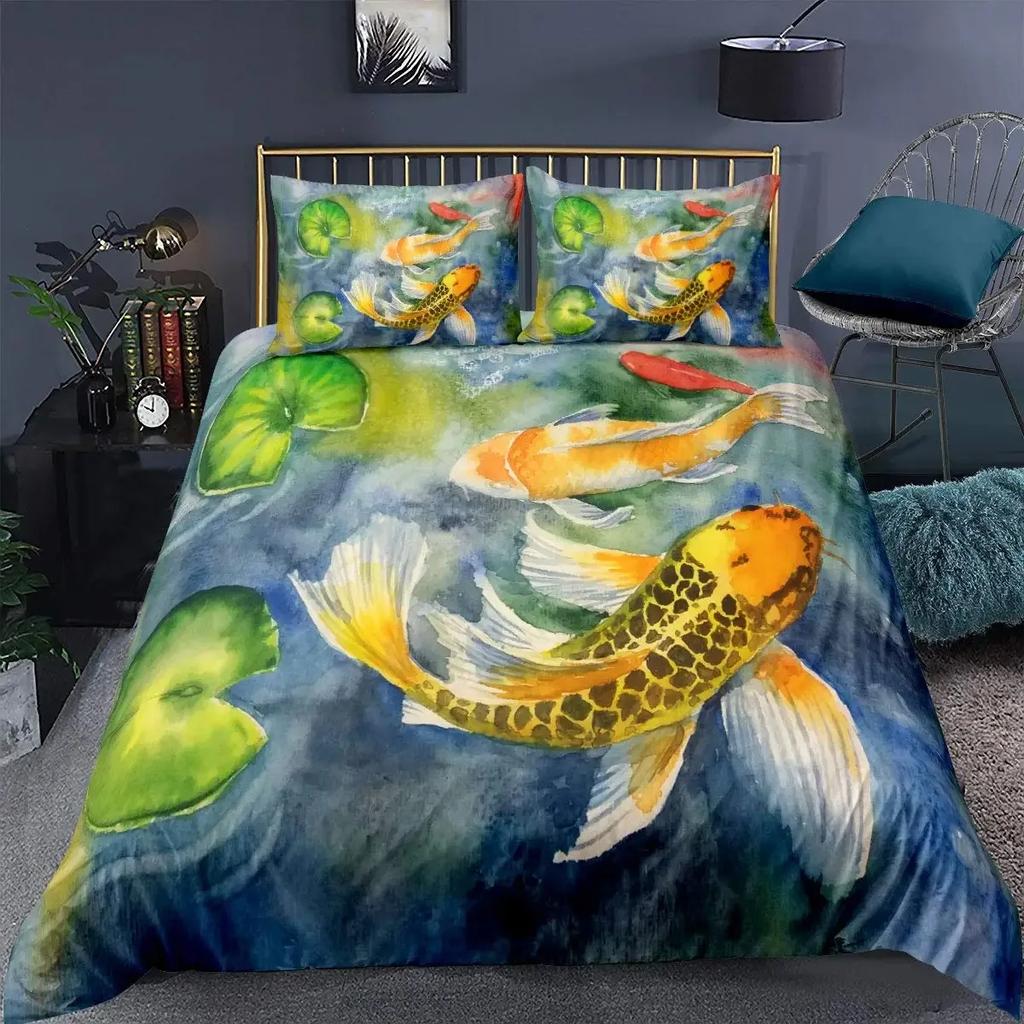 Koi Fish Duvet Cover Set Carp Tie Dye Bedding Sets Traditional Chinese Ink Art Bedspread Lotus Leaf Nature Quilt Cover Full Size