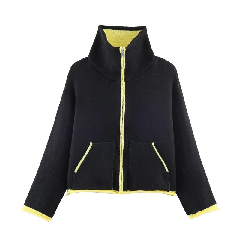 Knitted Bomber Jacket Color Block Casual Cardigan Stand Collar Zip Up Loose Fit Men Women