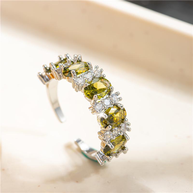 Korean Olive Green Zircon Open Ring: Women's High-End, Versatile, Trendy Index Finger Fashion Accessory