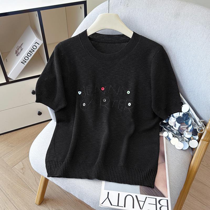 2026 Summer Versatile Embroidered Ice Silk Tencel Knit Women's T-Shirt
