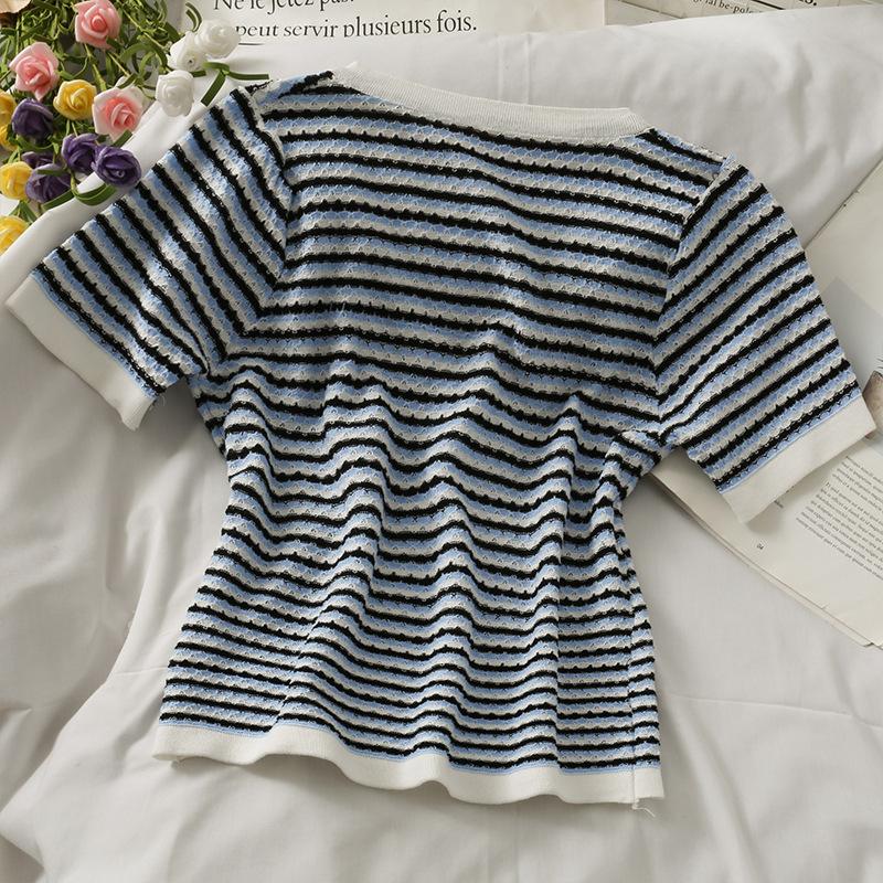 Fashion Summer Temperament Versatile Striped V-neck Pearl Buttons Short Paragraph Short-sleeved Knit Shirt Tops Female Casual Slim Fit Pullovers Tees