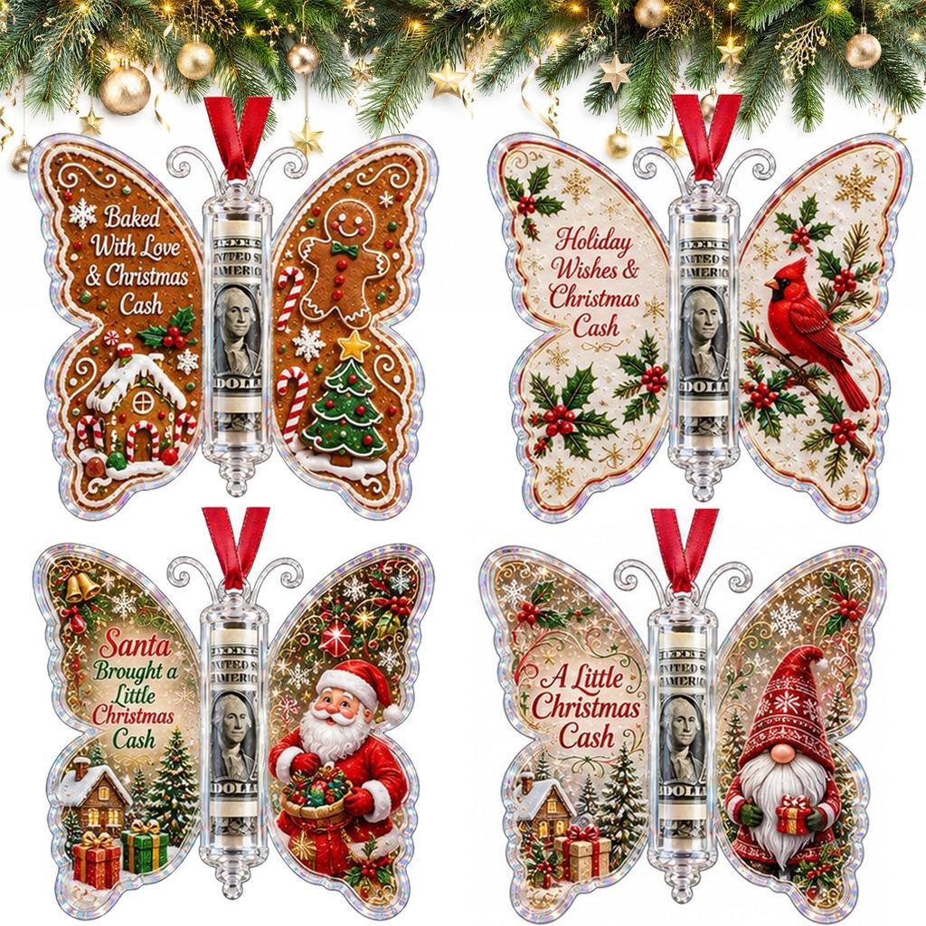 4er-Pack Schmetterling Weihnachten Geldgeschenk Schmuck, Geldhalter für Bargeld, Acryl-Geldhalter Weihnachtsbaum Dekoration, Bargeldgeschenkhalter Feiertags-Hängeornament