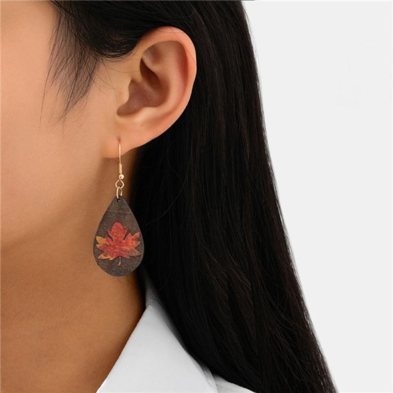 Brincos de madeira em forma de gota, impressão de folha de bordo, estilo antigo requintado, versatilidade diária, brincos para presente.