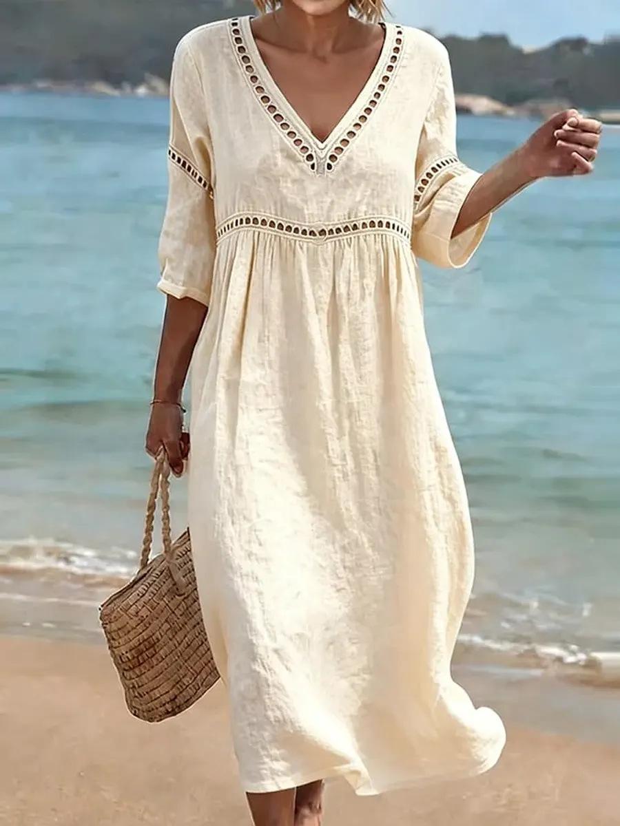 Europe, America, spring and summer, elegant casual V-neck solid color medium-sleeved women s dress S