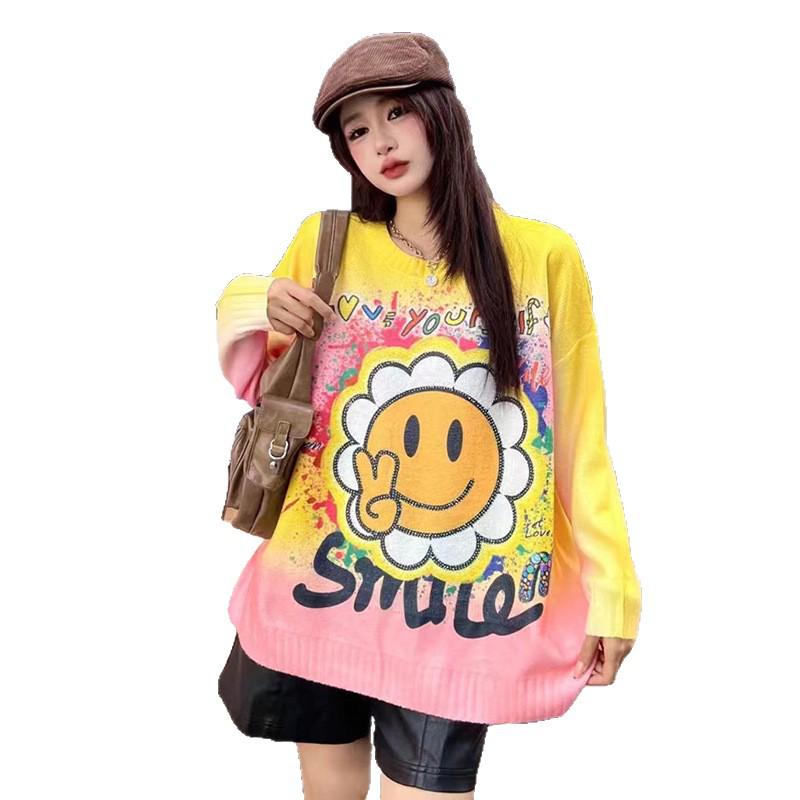 Women's Retro Floral Sun Print Sweater - Trendy Street Style Loose Knitwear