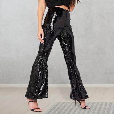 Women Pants Shiny Sequin See-through Elastic High Waist Thin Loose Flared Hem Solid Color Full Length Soft Breathable Nightclub Party Performance Long