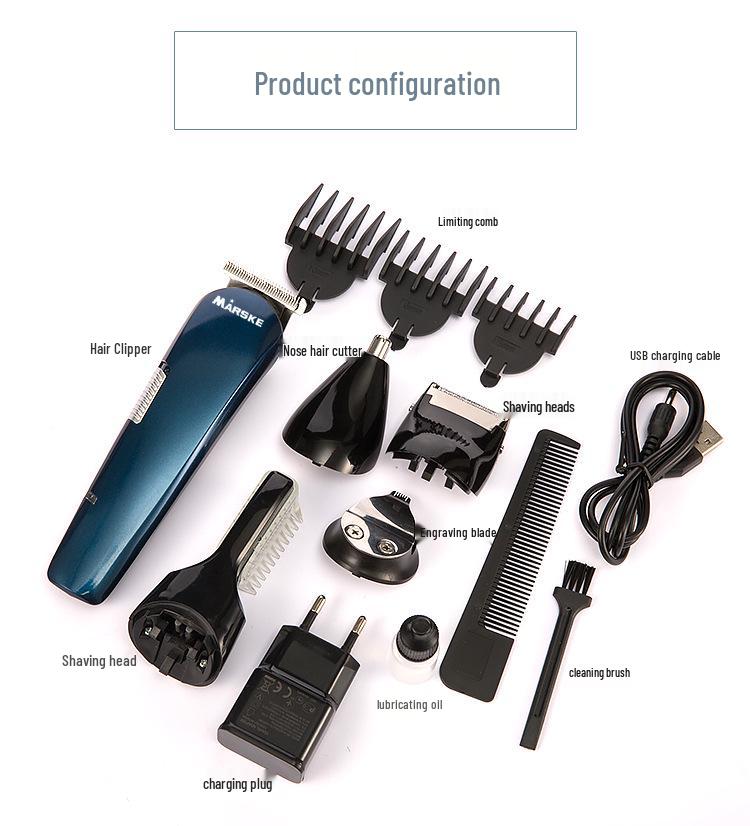 Multi-functional Men's Grooming Kit: Electric Hair Clipper, Rechargeable Nose & Eyebrow Trimmer, Shaver, Engraving Head