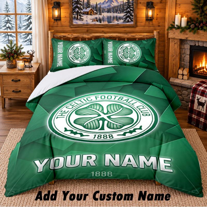 Celtic FC Pattern Bedding 3Pcs Set Custom Name, Bed Sheet And Pillowcases For Home Bedroom