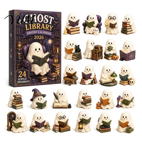 Retro Gift Box Packaging Halloween Advent Calendar, 24-Day Acrylic Ghost Figure Countdown Set Calendar with Diverse Themes, Cute Desk Decor,