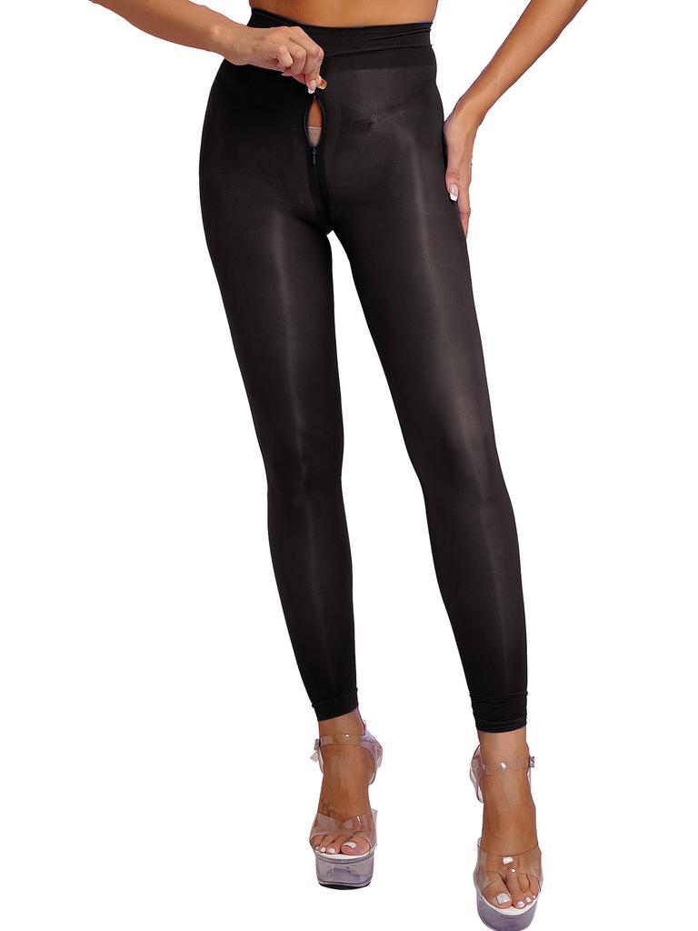 Womens Solid Color Skinny Leggings Glossy Sheer Tights Pantyhose Stretchy Zipper Crotch Tights Pants Stockings See-through