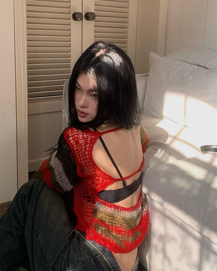 Y2K Maglione oversize vintage da donna Harajuku Grunge scava fuori pullover lavorato a maglia Moda senza schienale Crop Top Maglione anni 2000