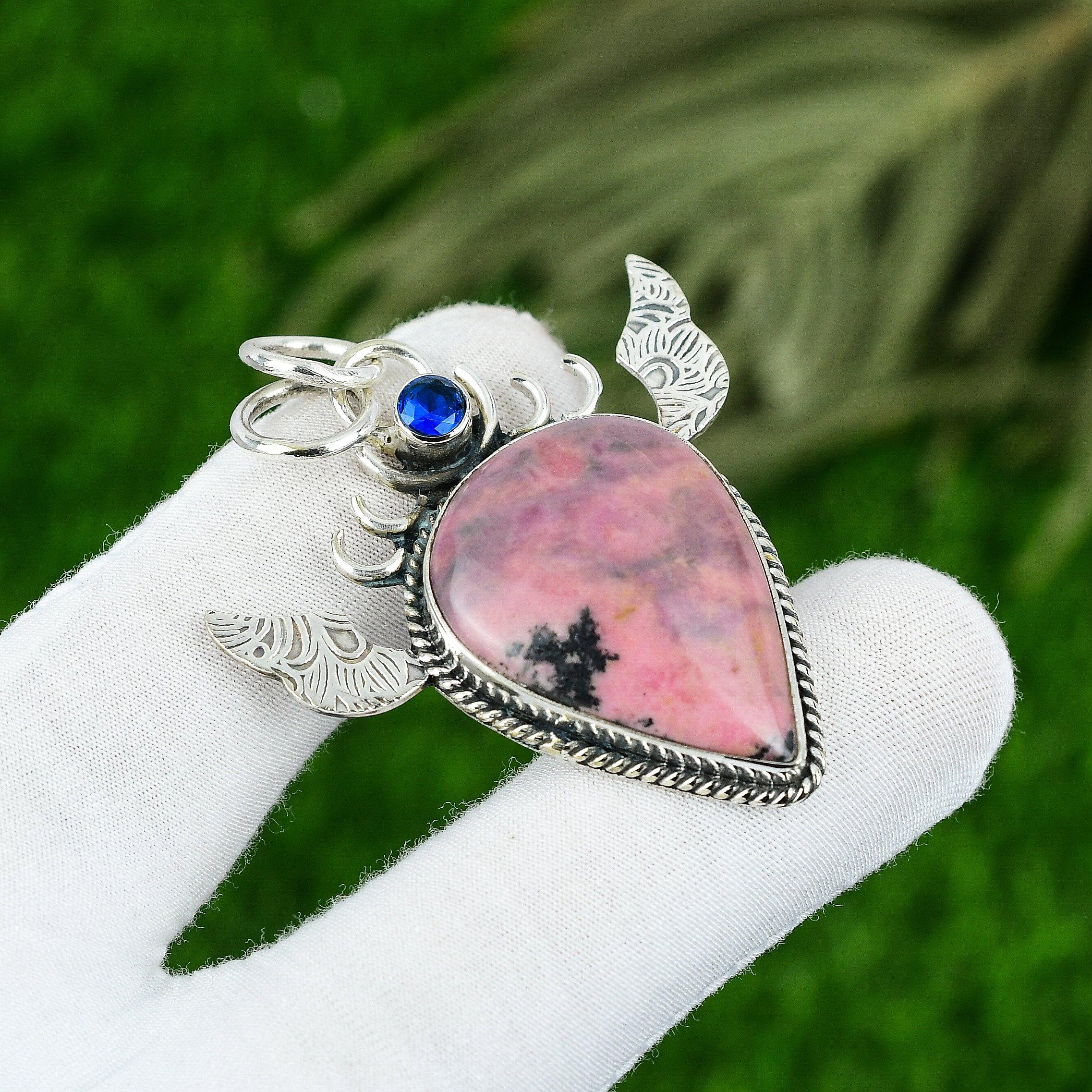 

Rhodonite Stone Topaz Heart Chakra Unique Boho Elegant Pendant Sterling Silver