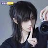 Short Mullet Head Wigs with Bangs Synthetic Straight Anime Men Black Gray Green Hair Wig for Daily Party Cosplay