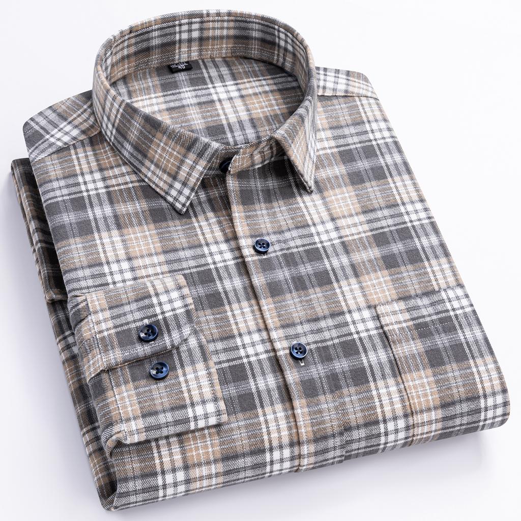 Over Size 100%cotton Brushed Plaid Long Sleeve Shirts for Men Single Pocket Casual Tops Soft Vintage Elegant Designer Clothes
