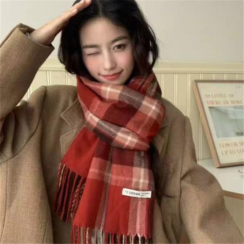 Red Scarf for Women in Winter Korean Style Plaid Versatile Warm High End Trendy New Year Gift Christmas Scarf Shawl