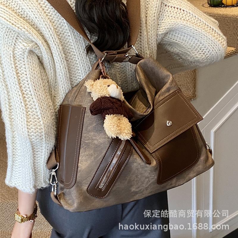 Tote Bag Women's Large Capacity 2025 New Autumn and Winter Casual Color Contrast Retro Shoulder Messenger Bag Multi-functional Backpack