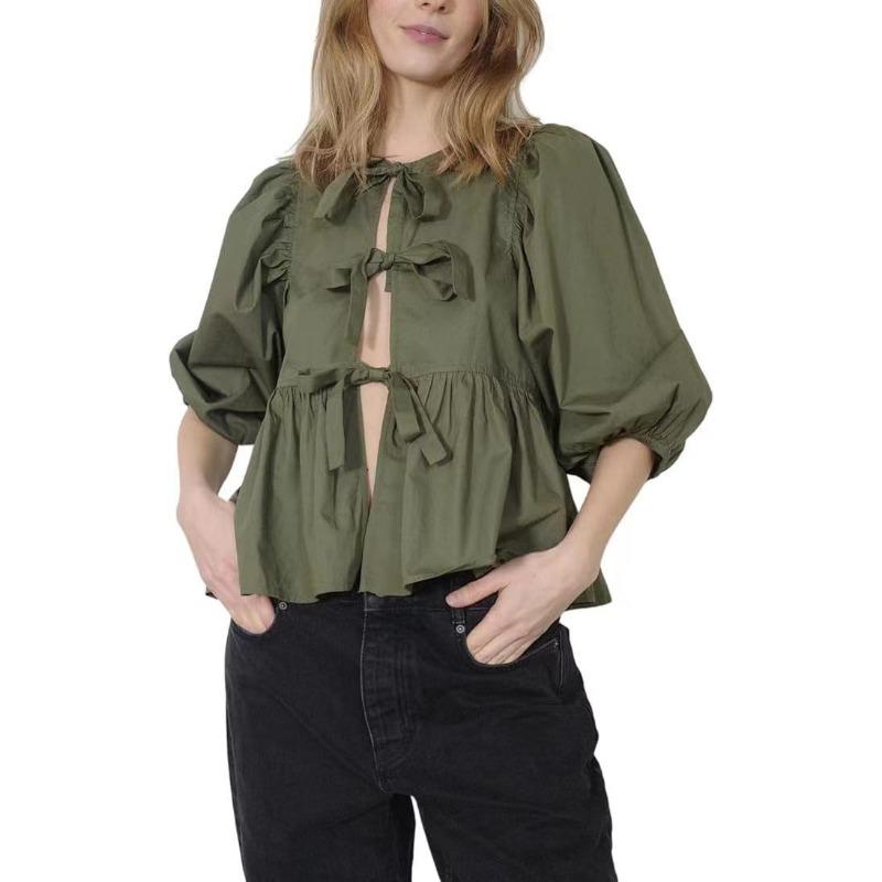 Spring and Summer Sweet and Casual Lace-up Striped Women's Blouses & Shirts