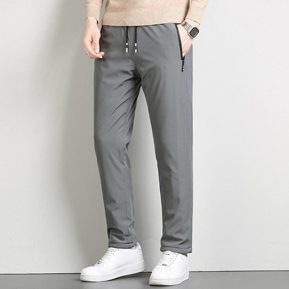 Winter Men Pants Thick Fleece Drawstring Elastic Waist Heat Retention Zipper Pockets Single Color Warm Sport Travel Work Trousers