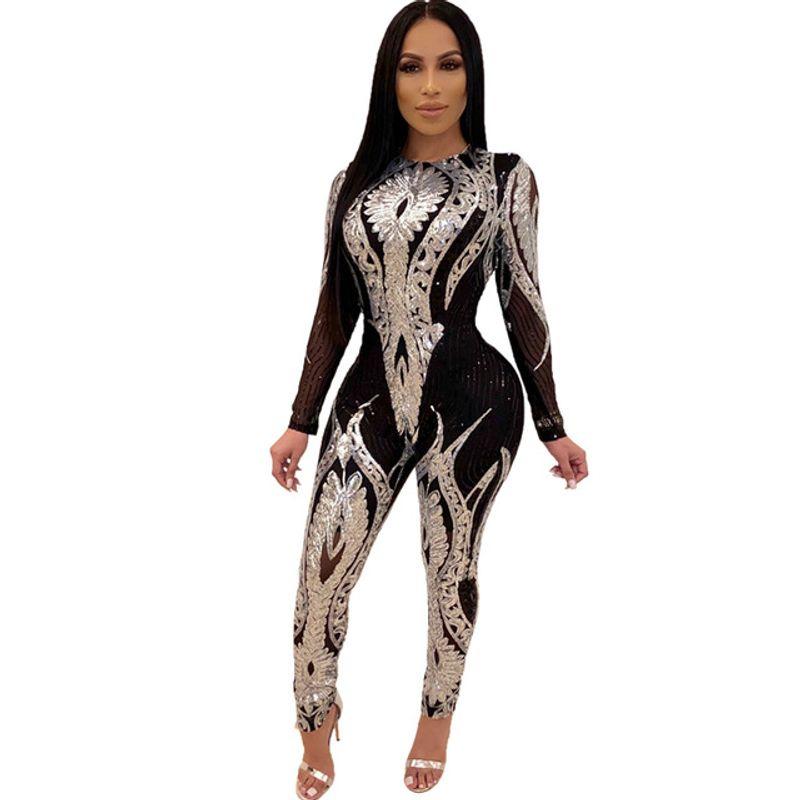 

Облегающий комбинезон с длинными рукавами и пайетками, прозрачный комбинезон с пайетками облегающего кроя Silver S