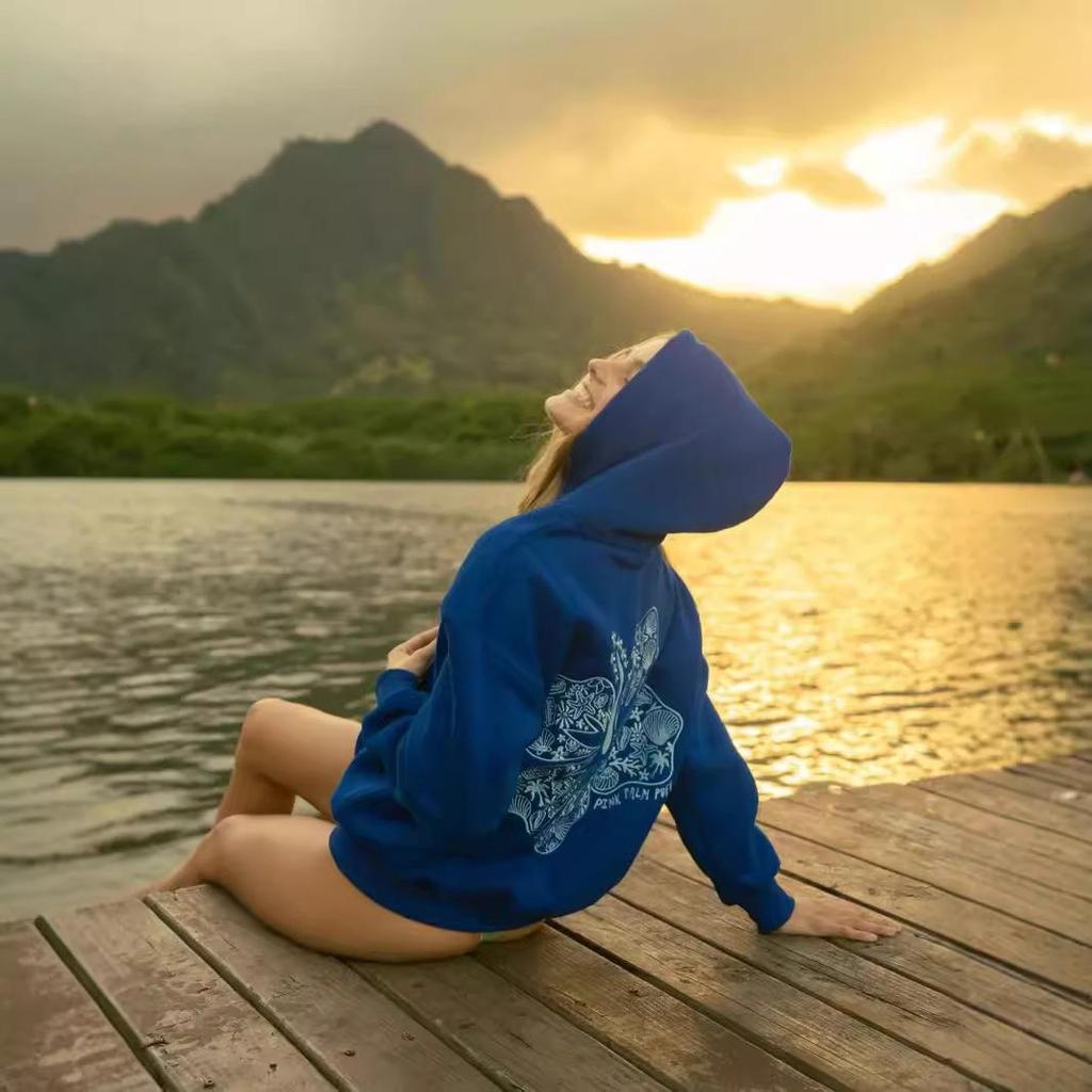 Women's 2025 Hibiscus Print Ribbed Hoodie with Drop Shoulder