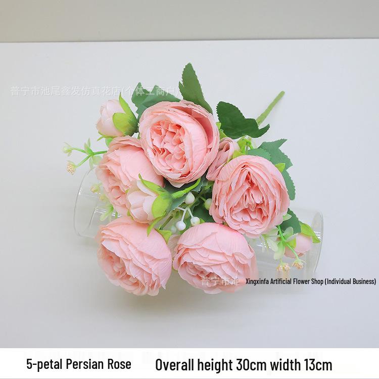 5-Head Peony & Persian Rose Artificial Flowers - Small Bunch for Home or Wedding Decor