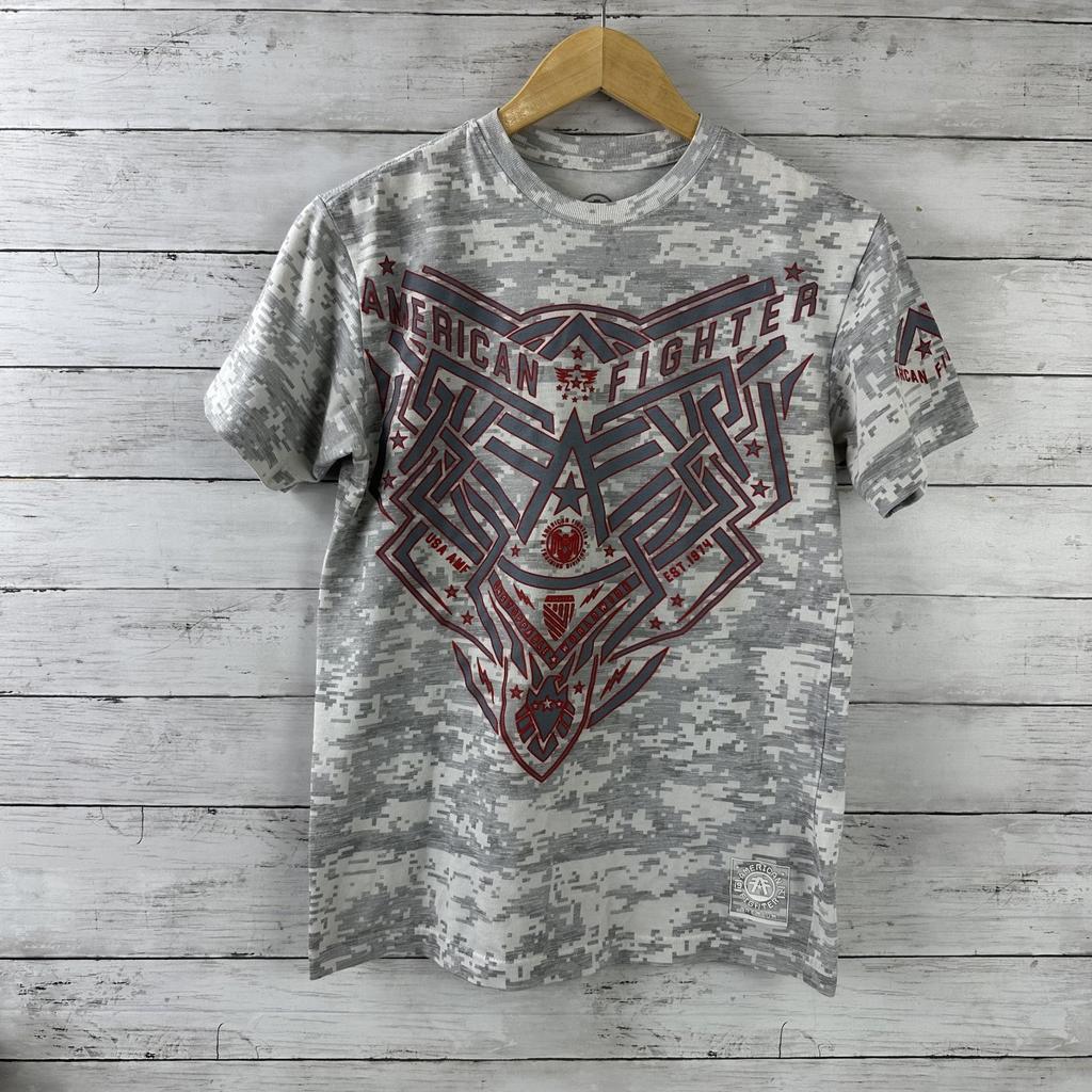Amerykański Fighter Krótki rękaw Biały Szary Męski rozmiar Mały y2k Unisex Koszulka