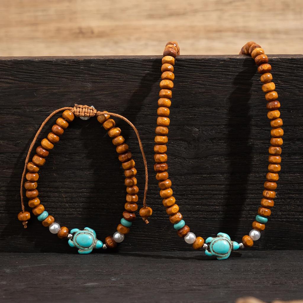 Small Wood Beads Chains with Turtle Choker Necklace and Bracelect Set Men Trendy Beaded Accessories on Neck/Hand Fashion Jewelry