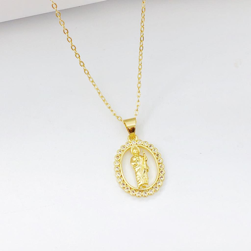 Virgin Mary St. Jude Prayer Shining Rhinestone Pendant Necklaces Gold color Women/Men Religious Neck Jewelry for Daily Wear