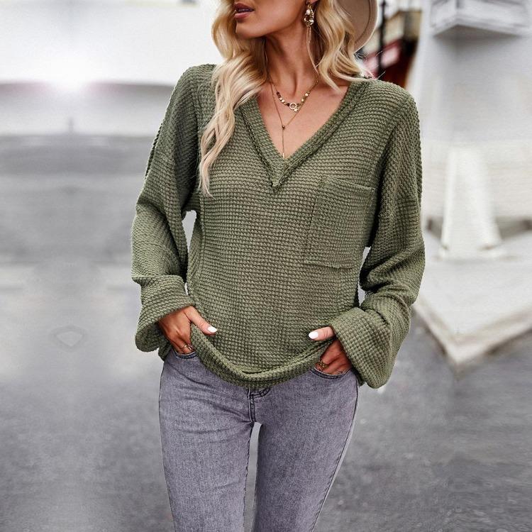 Autumn Winter Women Solid Color V Neck Knit Sweater Long Sleeve Top